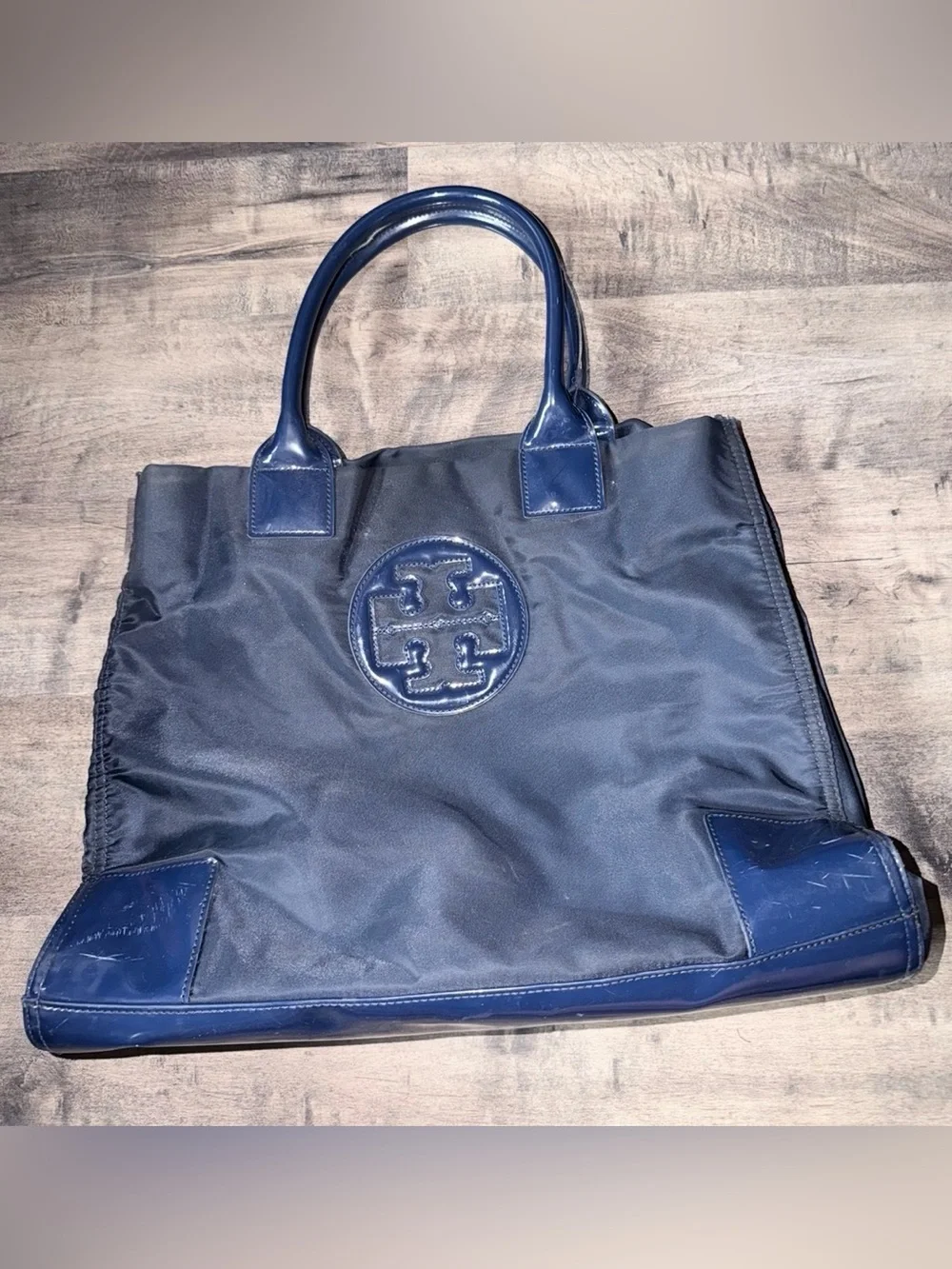 Tory Burch Ella classic Navy Logo Nylon Tote with Patent Trim